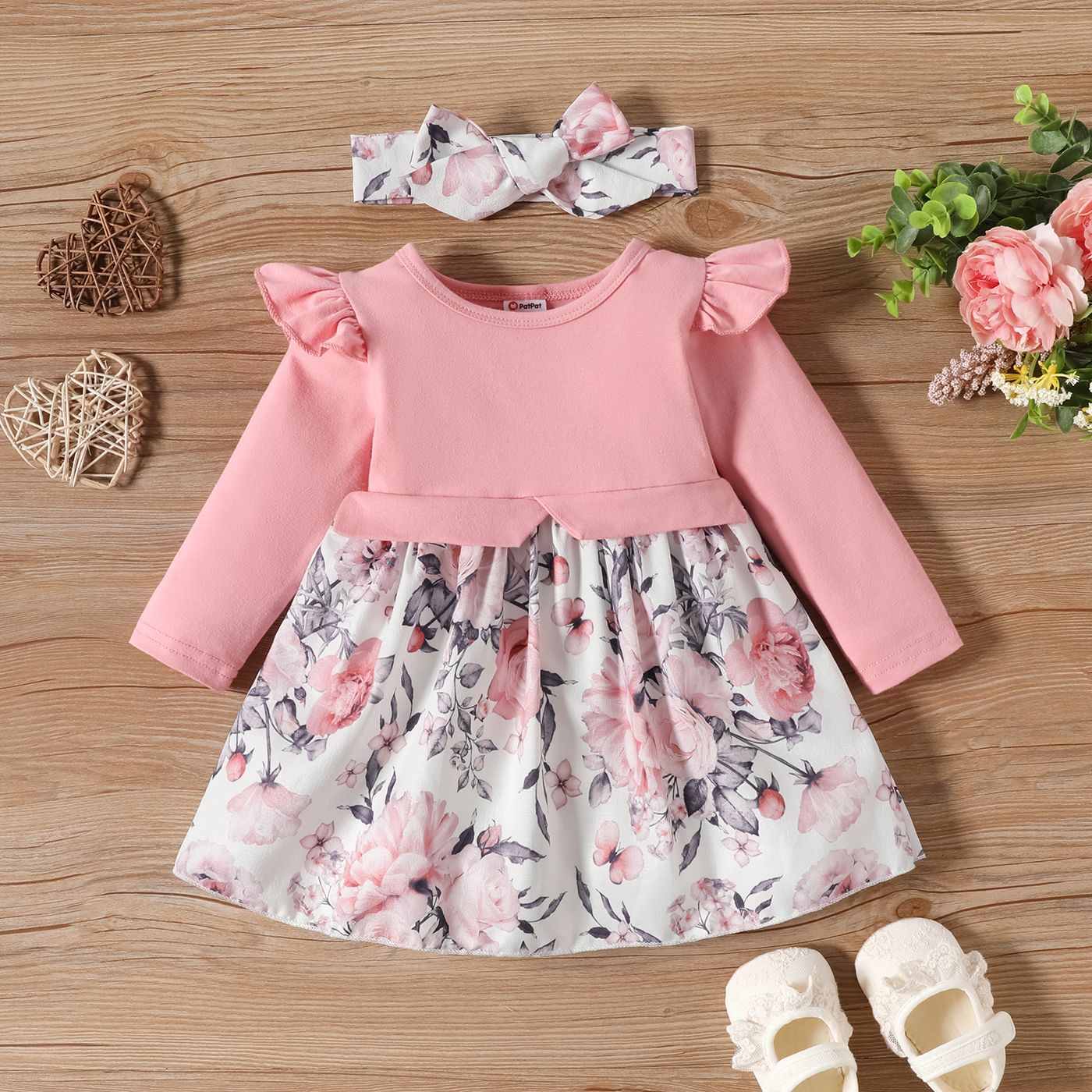 

2pcs Baby Girl Floral Panel Ruffled Long-sleeve Dress with Headband