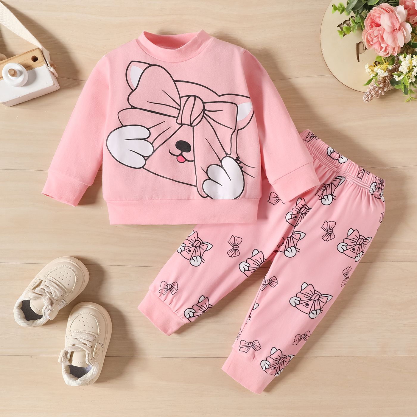 2pcs Baby Girl 95% Cotton Cat Print Long-sleeve Top and Pants Set