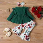 3pcs Baby Girl 95% Cotton Peplum Rib-knit Long-sleeve Top & Floral Print Flared Pants & Headband Set   image 2