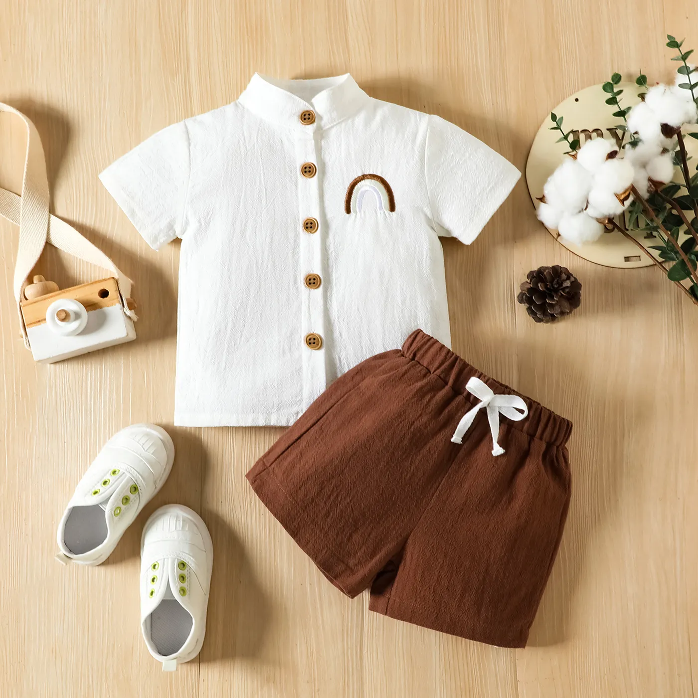 

2pcs Baby Boy 100% Cotton Rainbow Embroidered Short-sleeve Shirt and Shorts Set