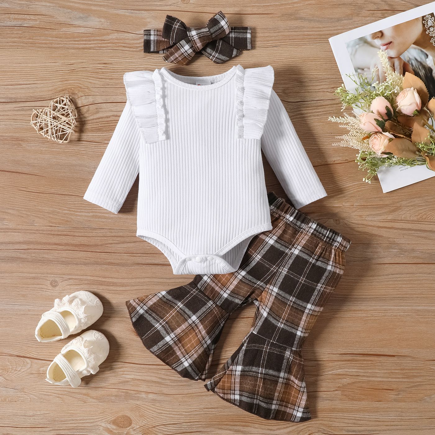 3pcs Baby Girl 95% Cotton Ruffle Trim Long-sleeve Rib-knit Onesies & Plaid Flared Pants & Headband S