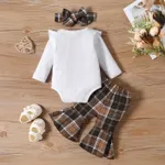 3pcs Baby Girl 95% Cotton Ruffle Trim Long-sleeve Rib-knit Onesies & Plaid Flared Pants & Headband Set   image 2