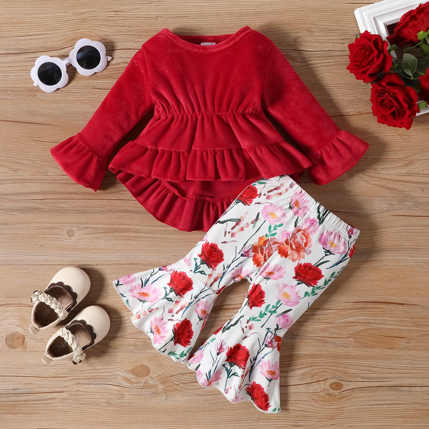 2pcs Baby Girl Ruffle Solid Long-sleeve Top And Allover Floral Print Flared Pants Set