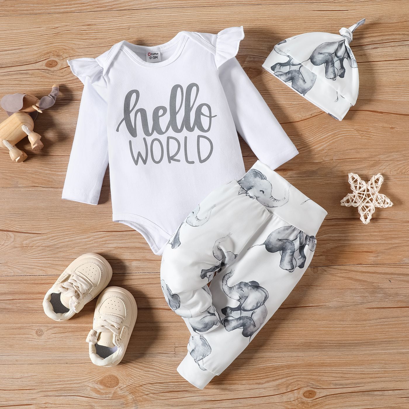 3pcs Baby Boy 95% Cotton Letters Graphic Ruffle Long-sleeve Bodysuit And Allover Elephant Print Pants & Hat Set