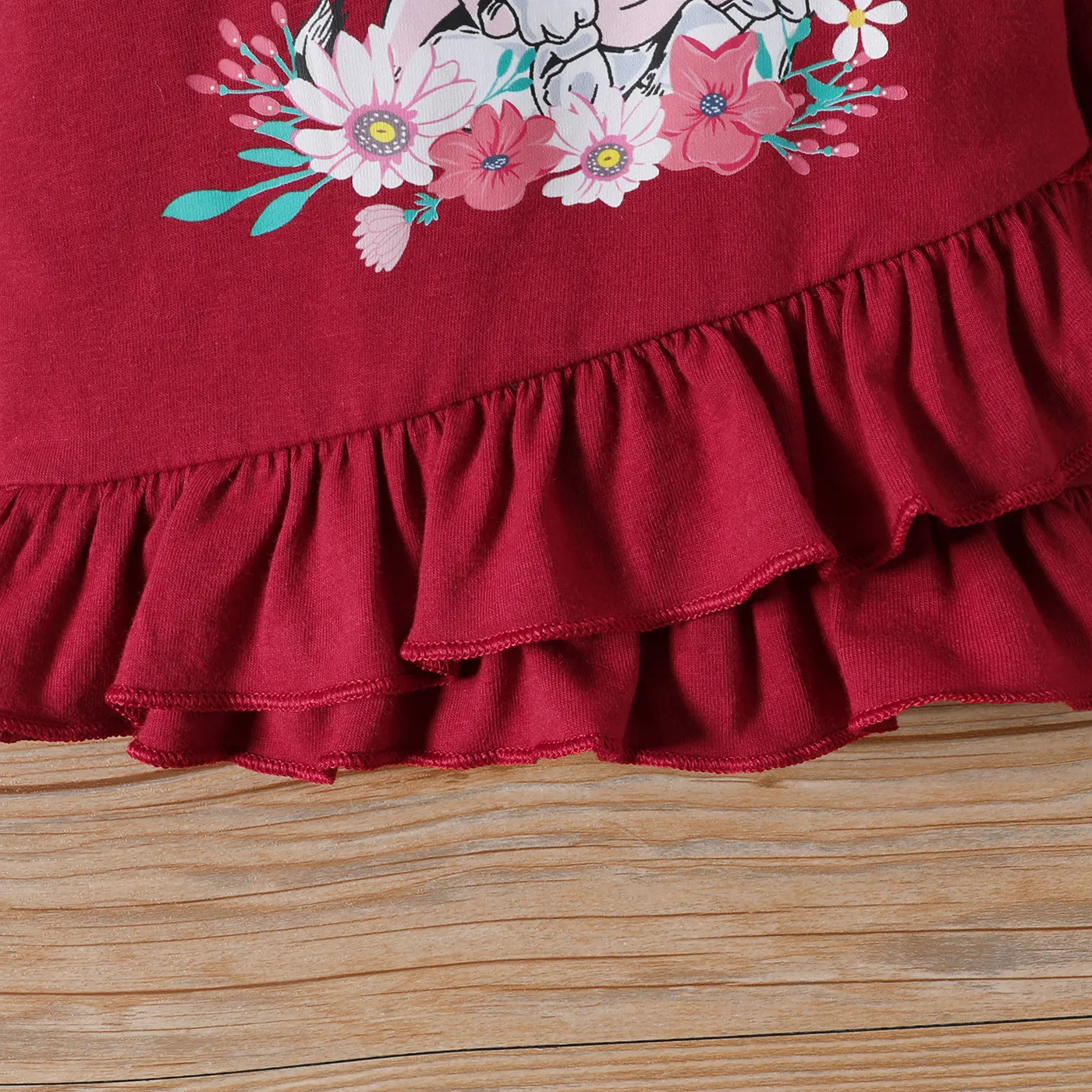 2pcs Baby Girl 95% Cotton Elephant Print Ruffle Long-sleeve Top and Allover Floral & Elephant Print Flared Pants Set Red image 6