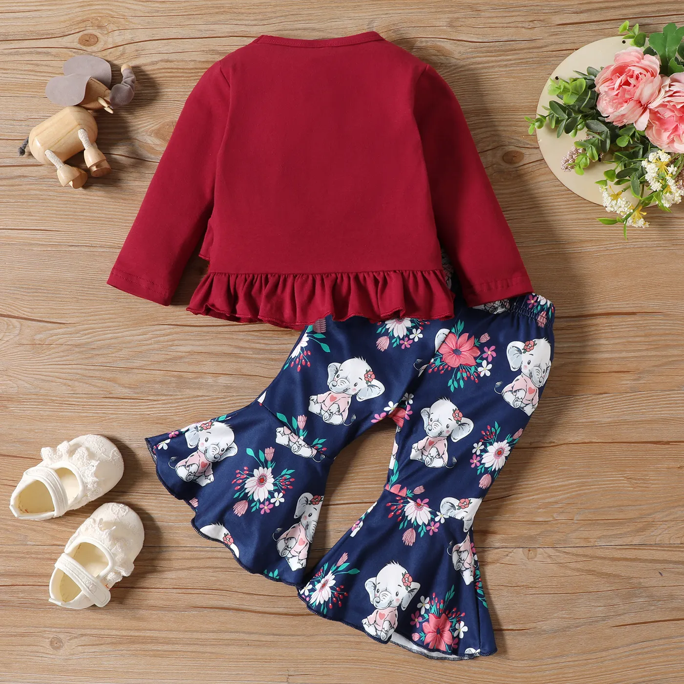 2pcs Baby Girl 95% Cotton Elephant Print Ruffle Long-sleeve Top and Allover Floral & Elephant Print Flared Pants Set Red image 2