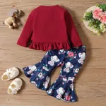 2pcs Baby Girl 95% Cotton Elephant Print Ruffle Long-sleeve Top and Allover Floral & Elephant Print Flared Pants Set  image 2