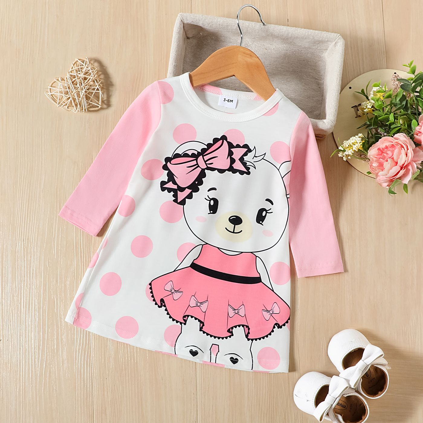 Baby Girl Polka Dot Bear Pattern Long Sleeve Dress
