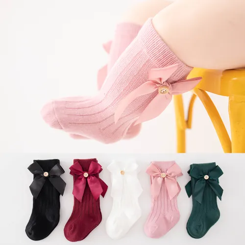 Baby / Toddler Pure Color Button Bow Decor Tube Socks