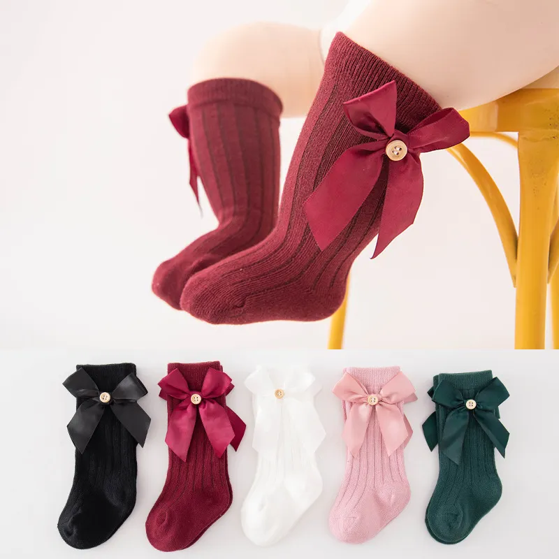 Baby / Toddler Pure Color Button Bow Decor Tube Socks White image 3