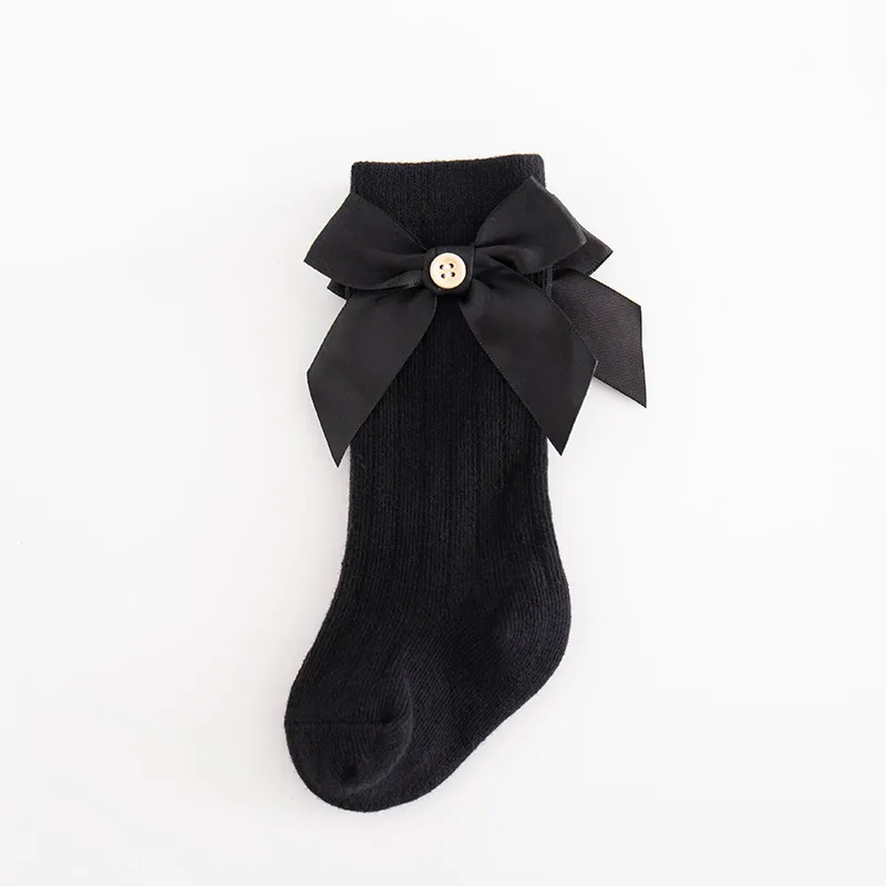 Baby / Toddler Pure Color Button Bow Decor Tube Socks Black big image 1