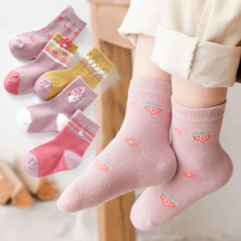 嬰兒/蹣跚學步/兒童 5 件裝男孩和女孩卡通印花襪子 粉色 big image 1