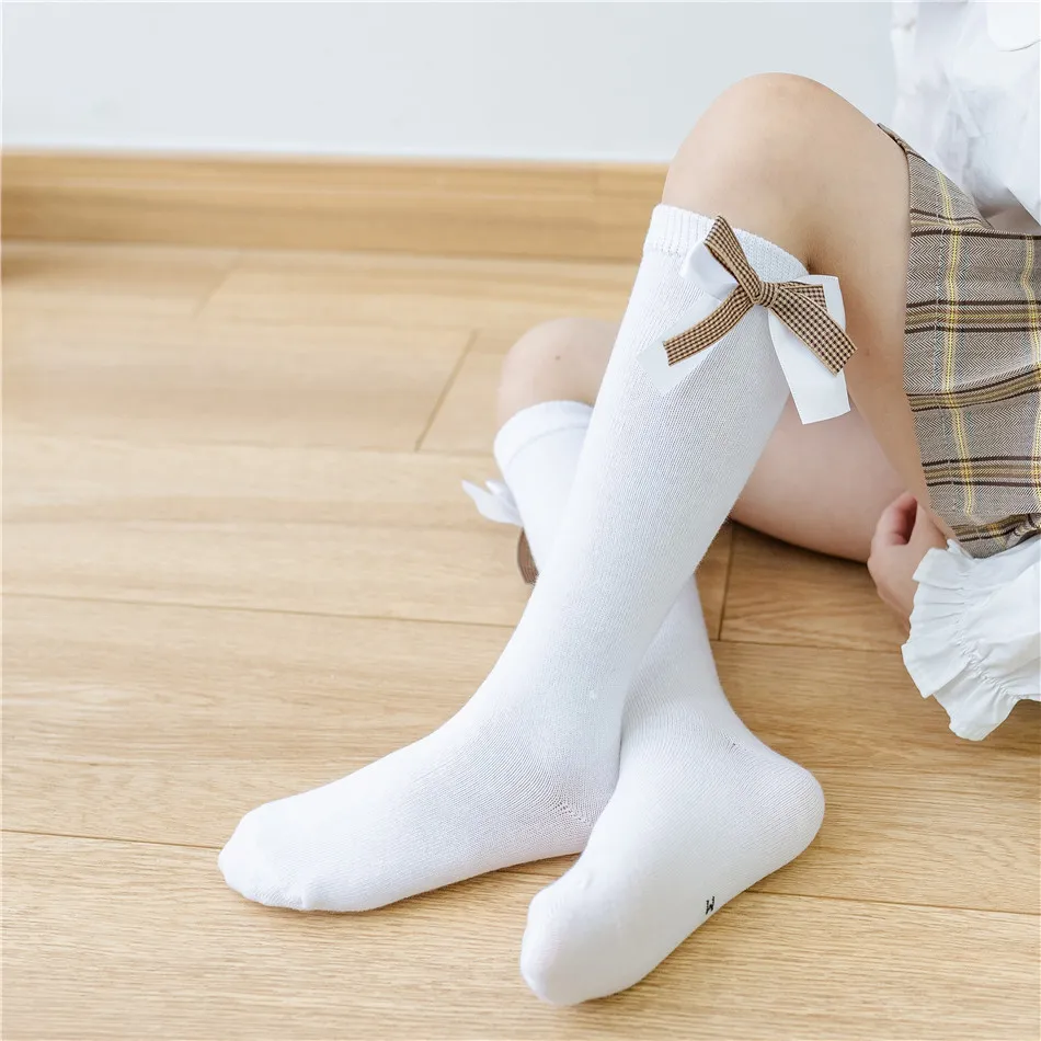 Toddler / Kid Houndstooth Bow Decor Pure Color Stockings White big image 1
