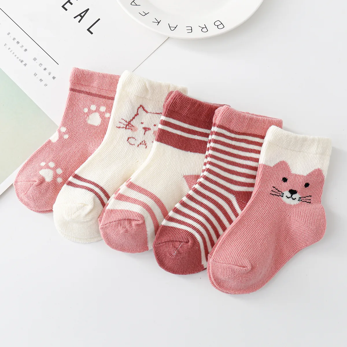 5 Pairs Baby / Toddler Little Bear & Cat Embroidery Tube Socks 