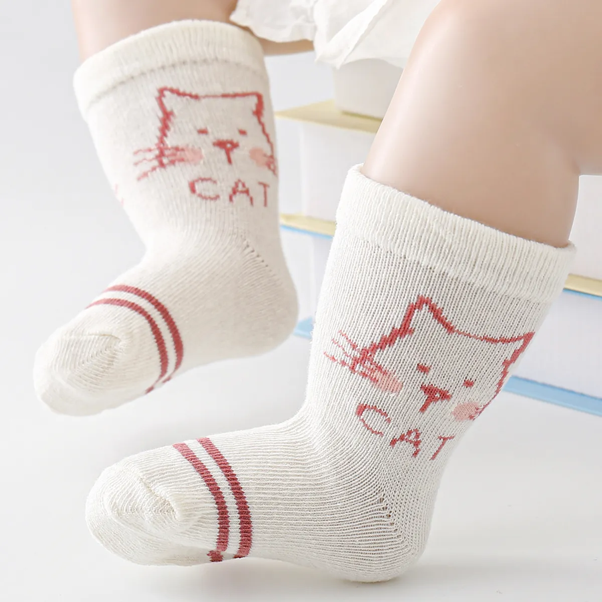 5 Pairs Baby / Toddler Little Bear & Cat Embroidery Tube Socks  Pink image 2