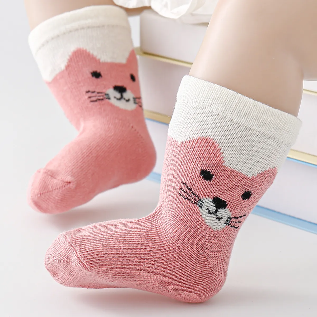 5 Pairs Baby / Toddler Little Bear & Cat Embroidery Tube Socks  Pink image 3