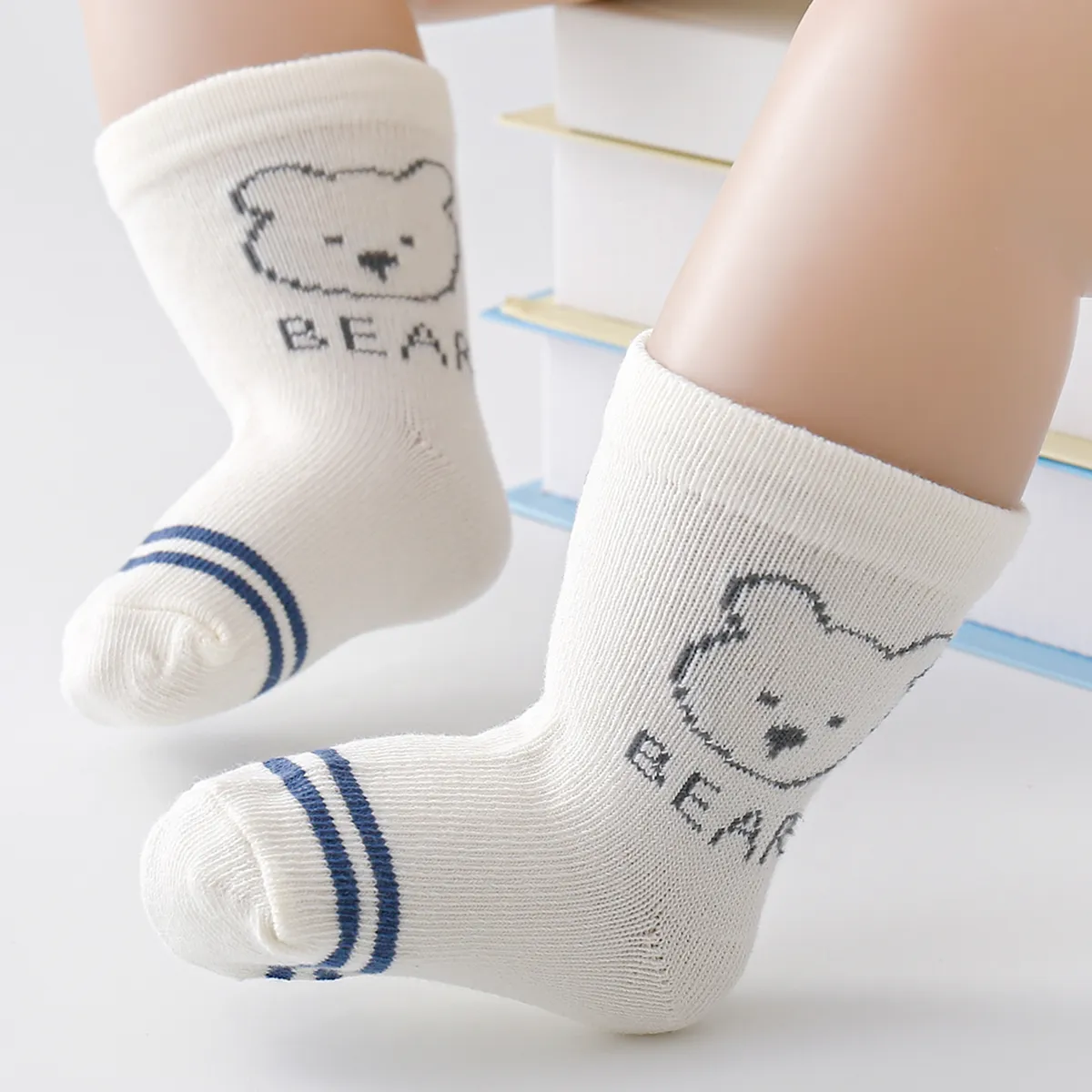 5 Pairs Baby / Toddler Little Bear & Cat Embroidery Tube Socks  Blue big image 1