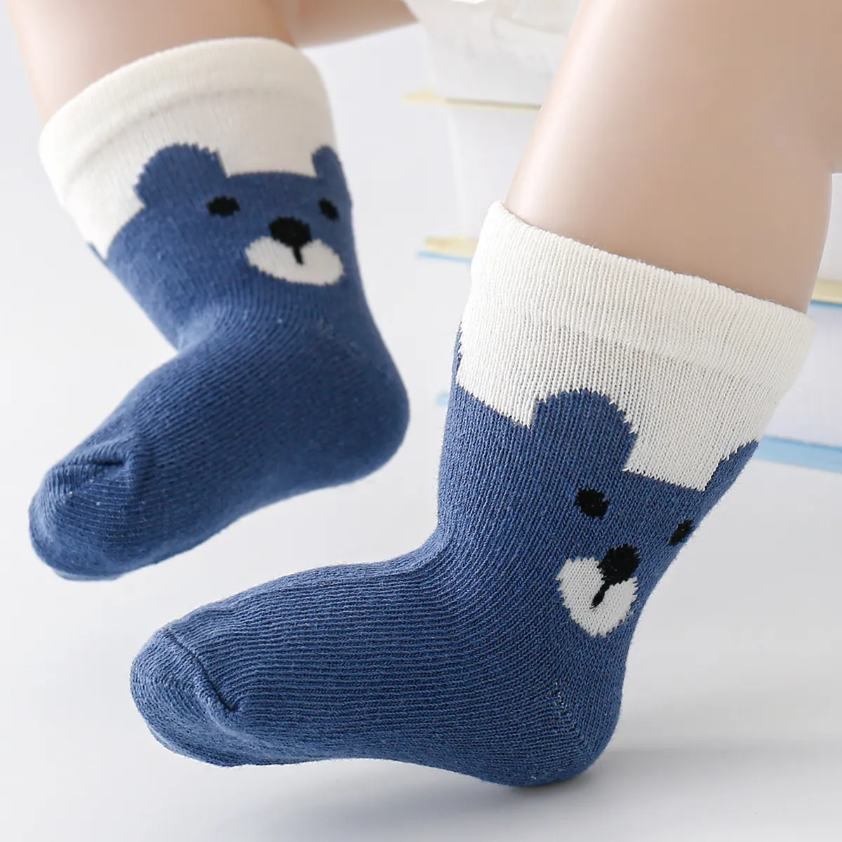5 Pairs Baby / Toddler Little Bear & Cat Embroidery Tube Socks  Blue big image 1
