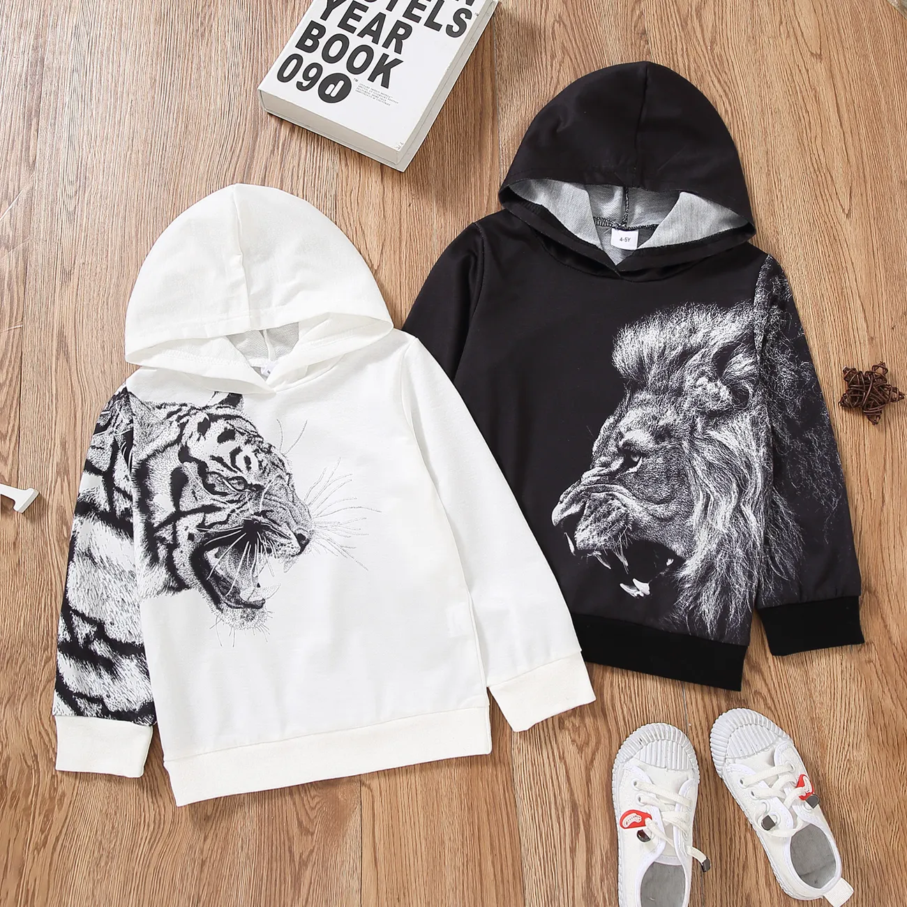 Trendy Kid Boy Tiger/Lion Animal Print Hooded Sweatshirt White big image 1