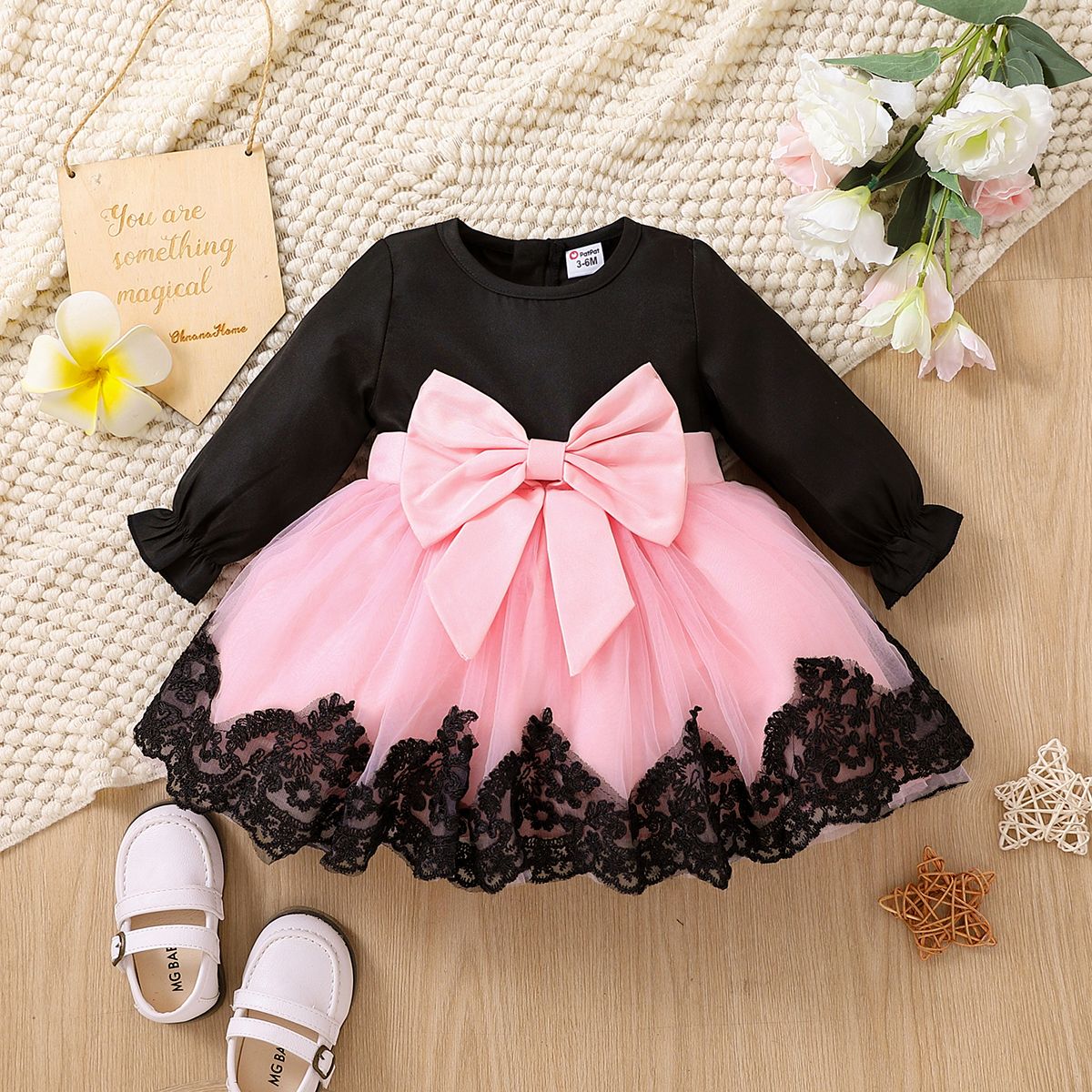 

Baby Girl Long-sleeve Bowknot Lace Mesh Party Dress