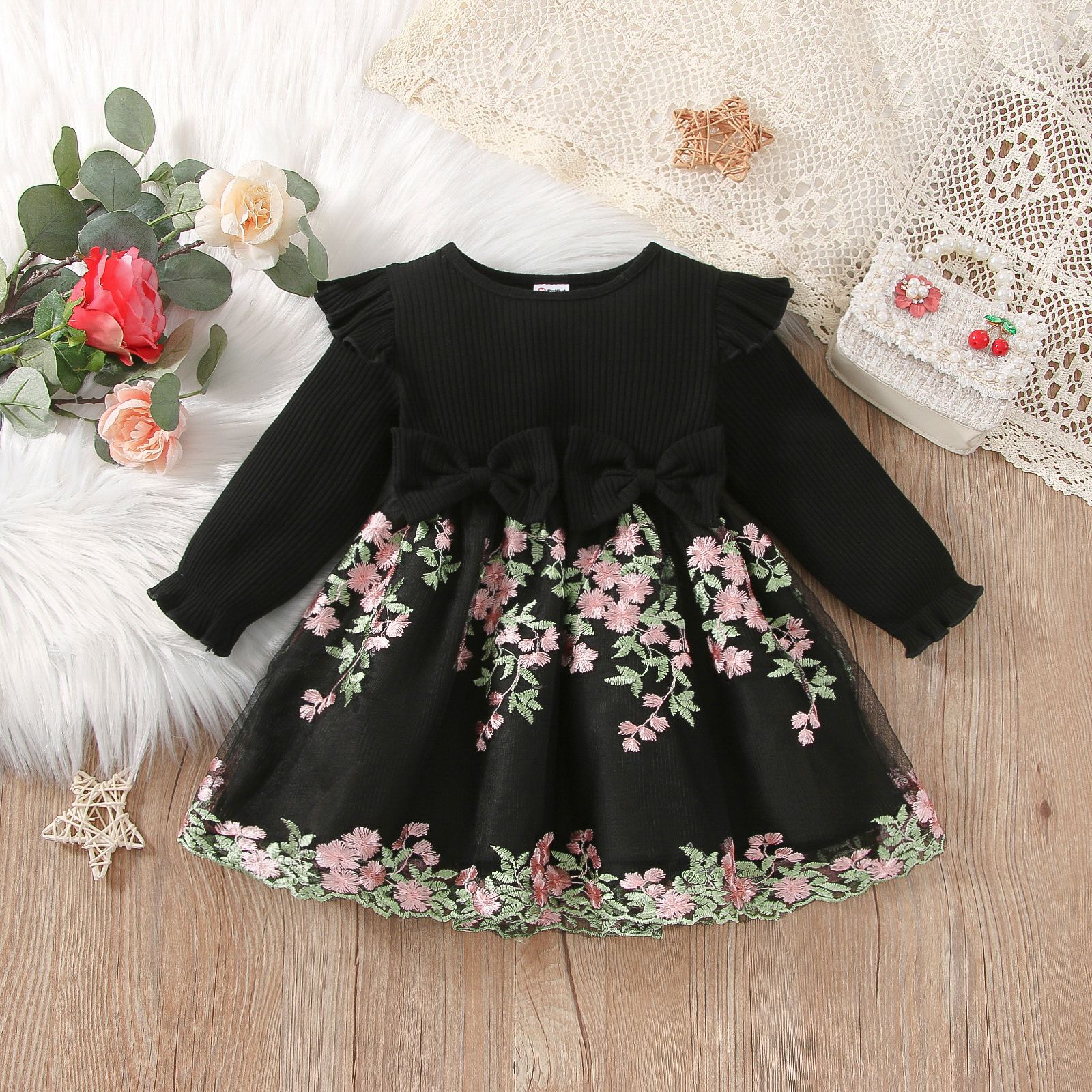 

Baby Girl Black Ribbed Spliced Floral Embroidered Mesh Dress