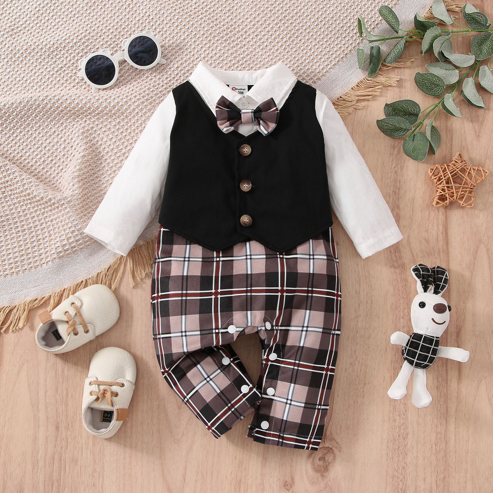 

Baby Boy Plaid Bow Tie Waistcoat Faux-two Long-sleeve Jumpsuit Party Outfit