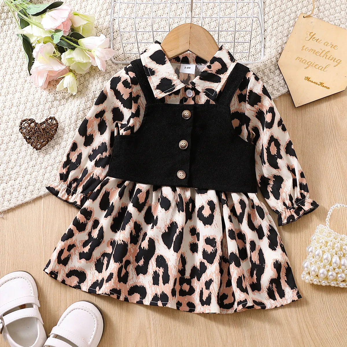 2pcs Baby Girl Leopard Print Long-sleeve Button Dress & Vest Set  big image 1