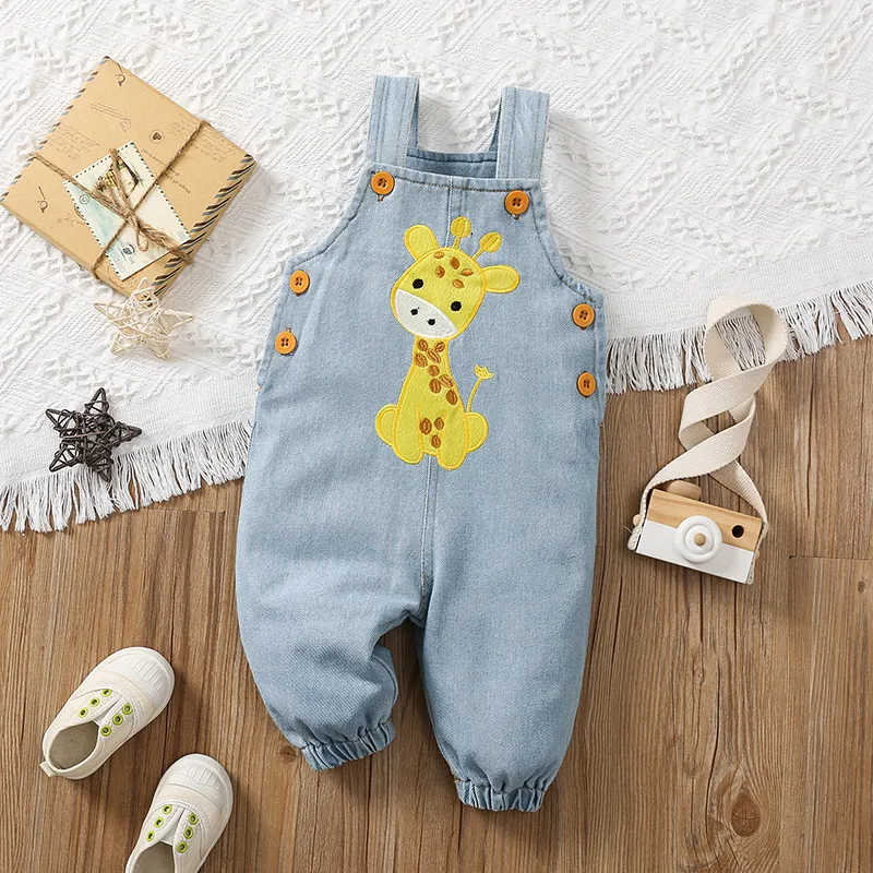 Baby Boy/Girl 95% Cotton Cartoon Giraffe Embroidered Denim Overalls Blue big image 1