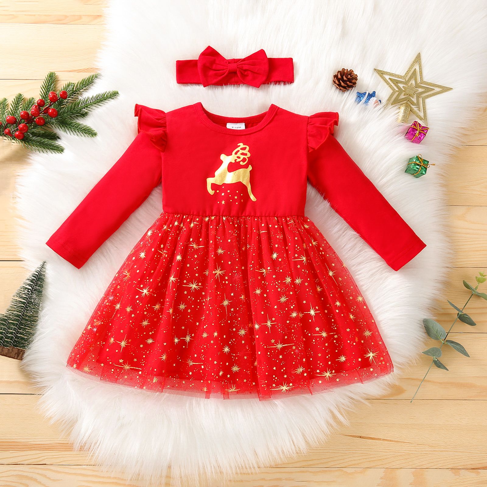 

Baby 2pcs Christmas Deer Golden Glitter Red Long-sleeve Mesh Dress Set