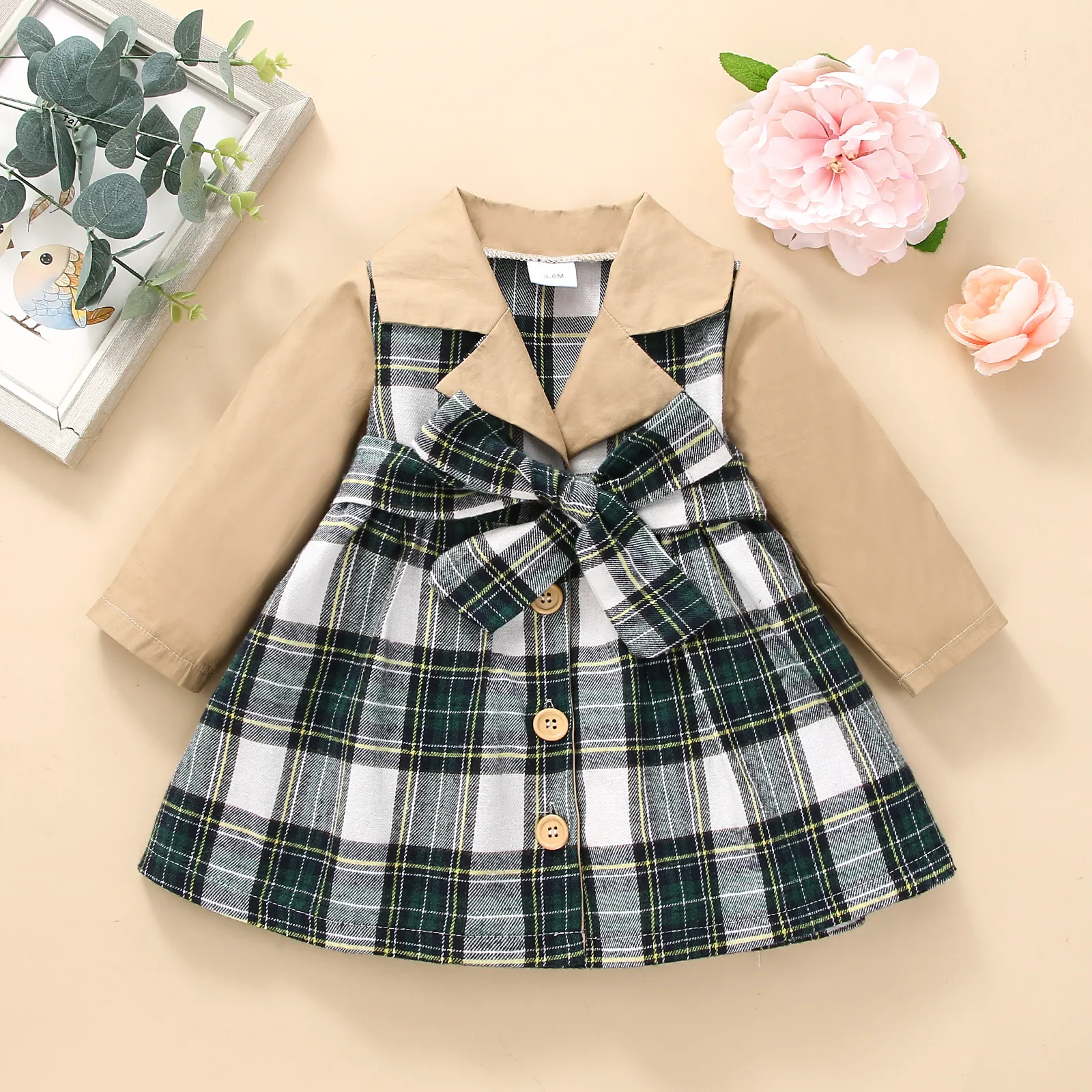 

Plaid Splicing Lapel Button Down Belted Long-sleeve Baby Blazer Dress