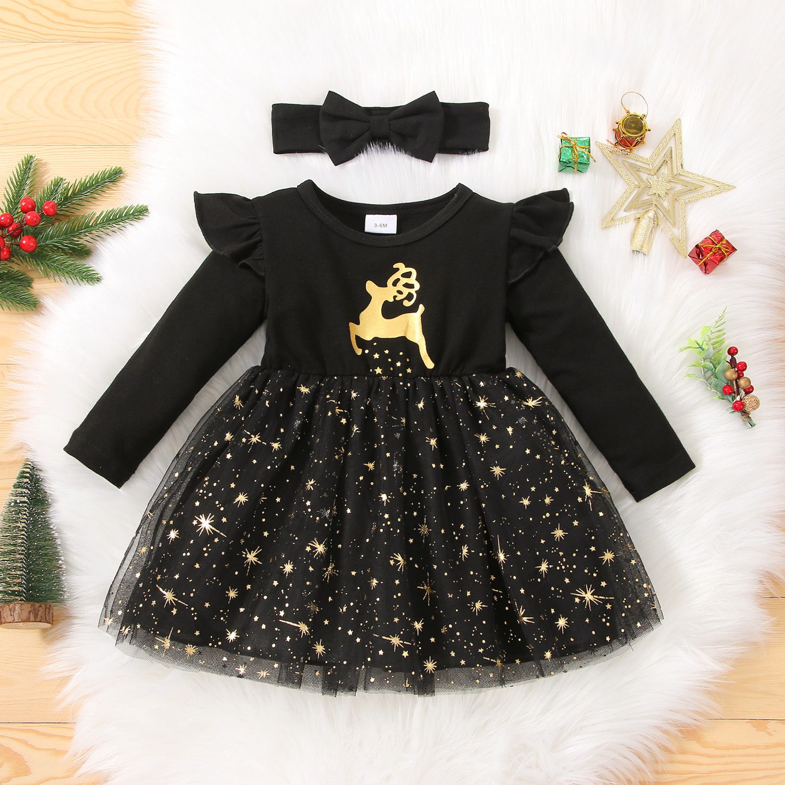 

Baby 2pcs Christmas Deer Golden Glitter Red Long-sleeve Mesh Dress Set
