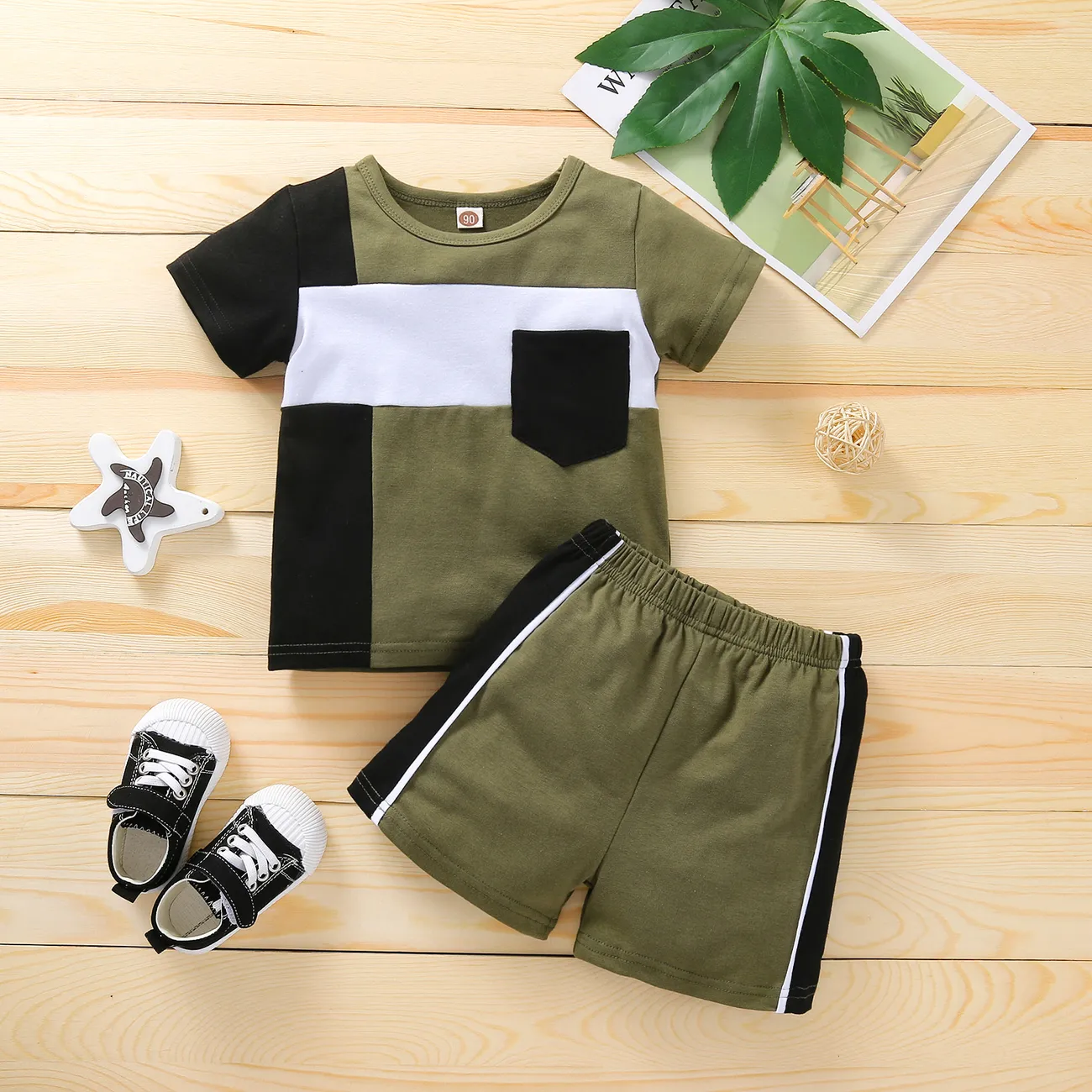 2pcs Toddler Boy Casual Colorblock Pocket Design Tee & Shorts Set  big image 1