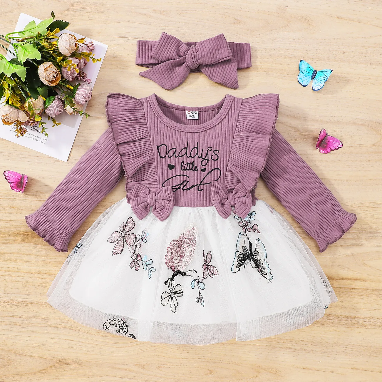 2pcs Baby Girl 95% Cotton Long-sleeve Rib Knit Ruffle Trim Bowknot Spliced Butterfly Embroidered Mesh Dress with Headband Set Purple big image 1