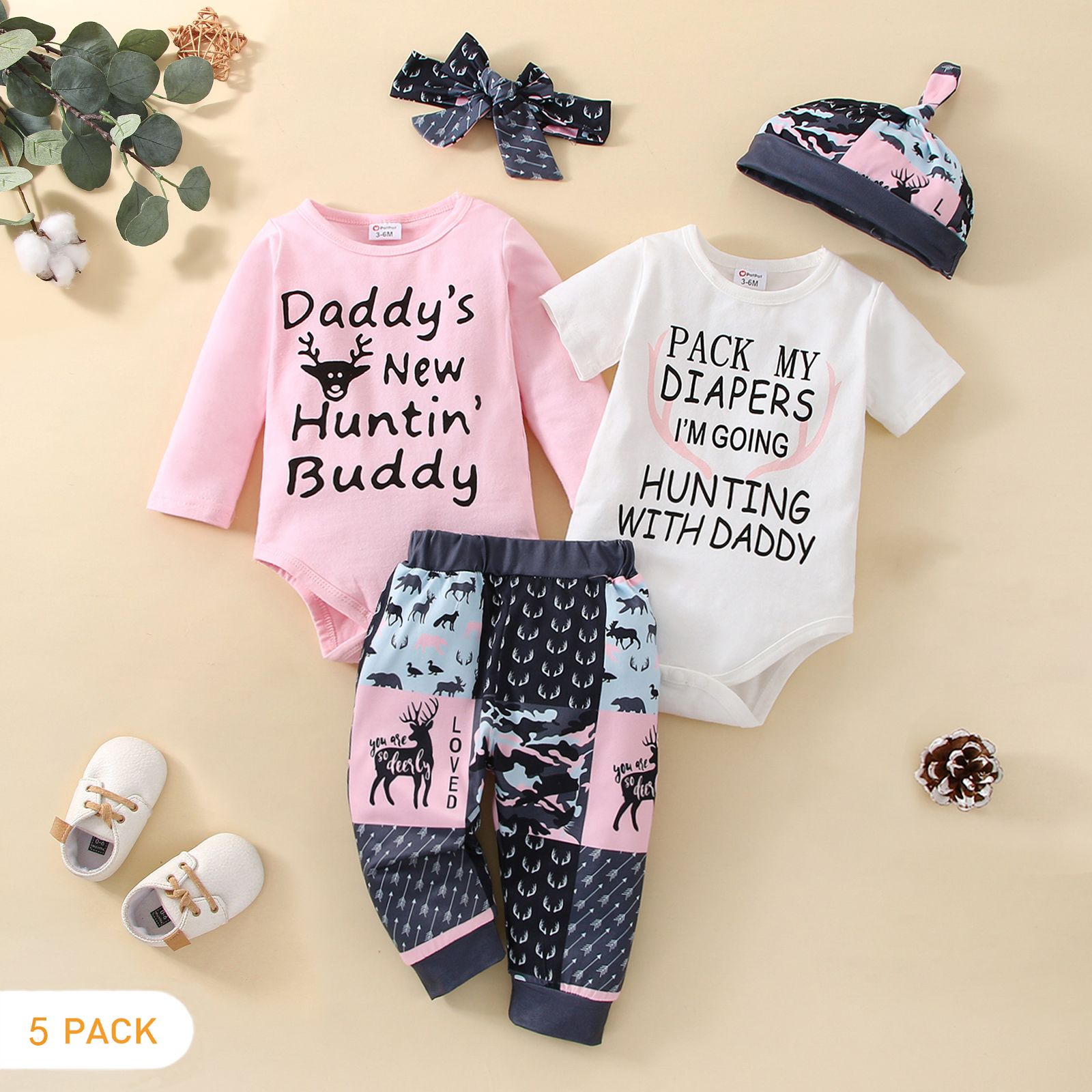 

5-Pack Baby Girl 95% Cotton Letter Graphic Rompers and Allover Print Pants with Hat & Headband Set