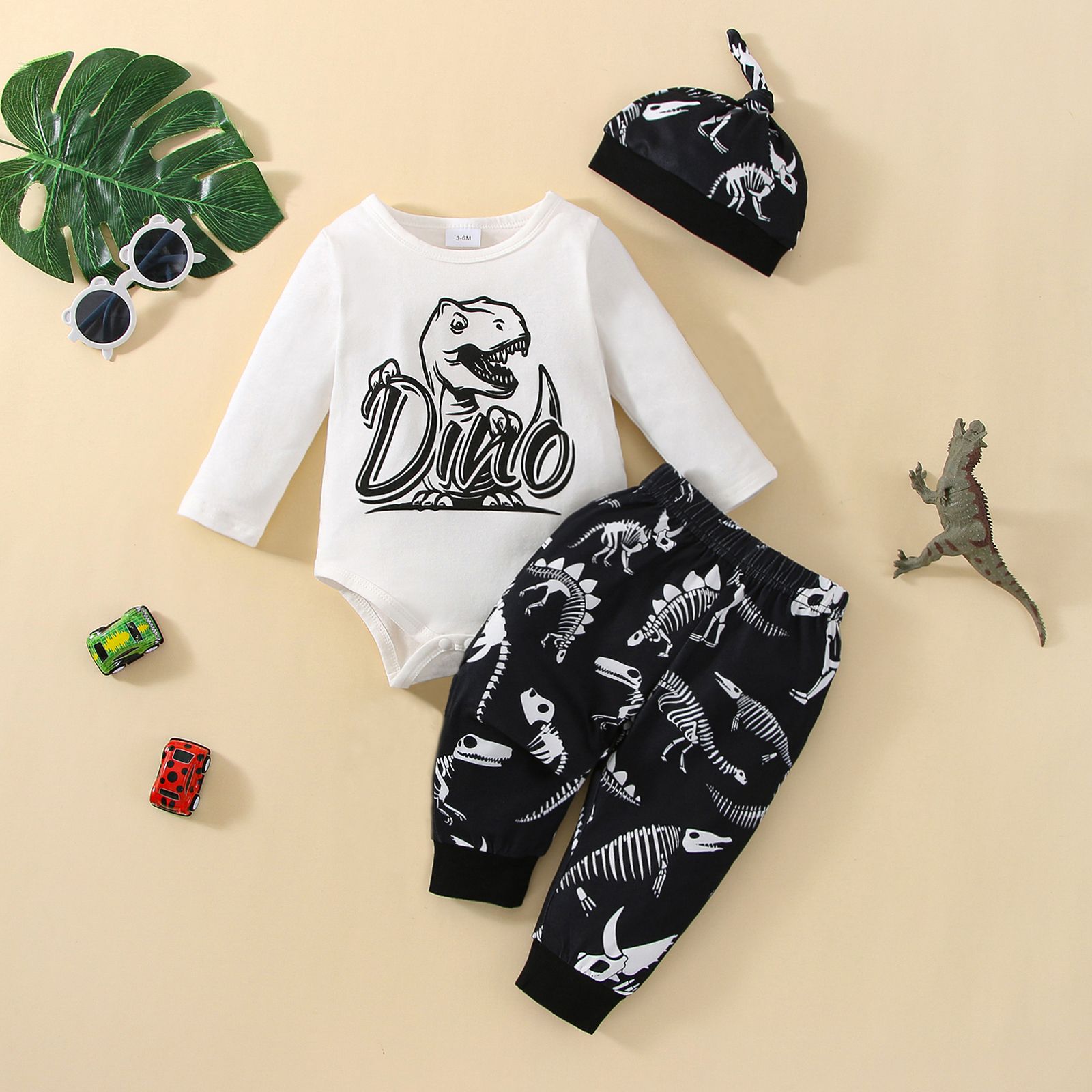 

3pcs Baby Boy Long-sleeve Letter & Dinosaur Print Romper and Pants with Hat Set
