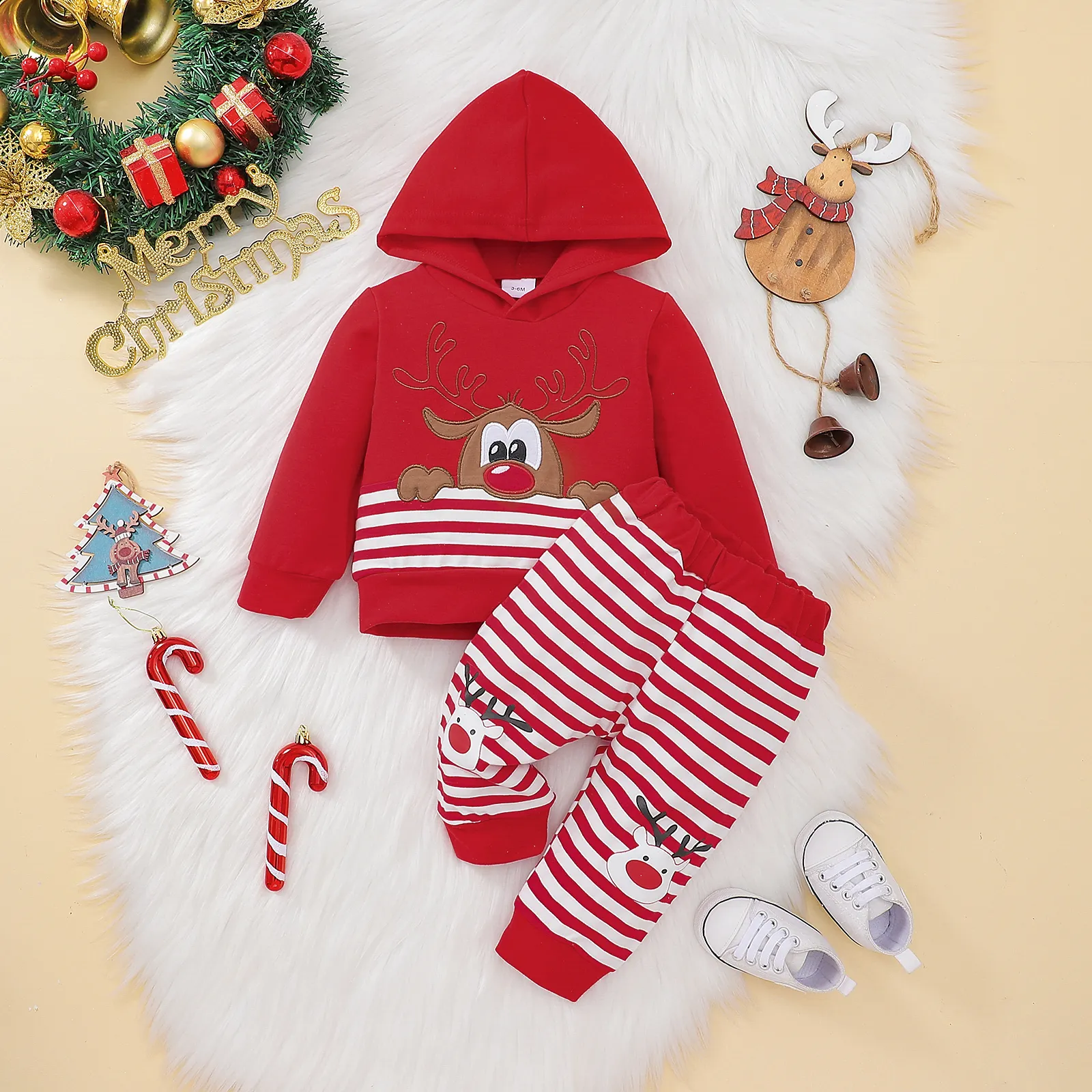 

Christmas 2pcs Baby Boy/Girl Deer Embroidered Long-sleeve Hoodie and Striped Sweatpants Set