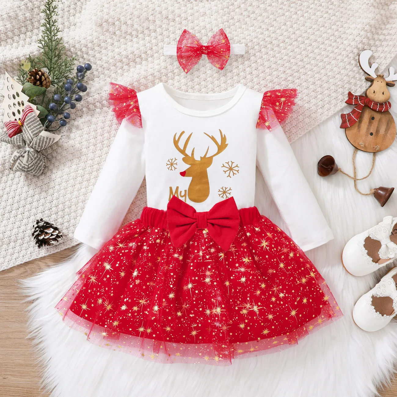Navidad 3 unidades Bebé Dulce Manga larga Traje de falda rojo blanco big image 1