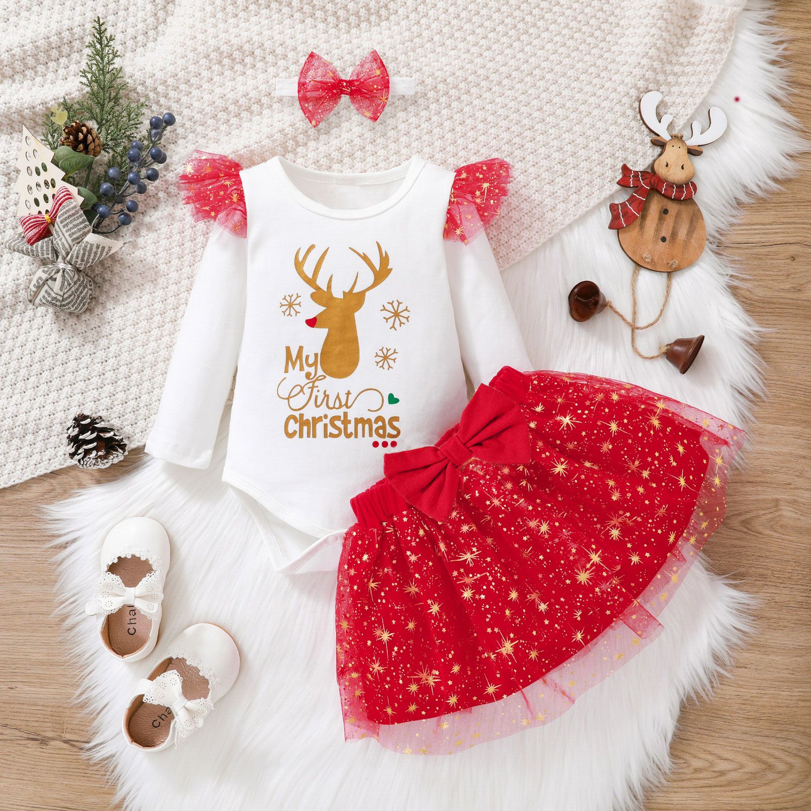 Christmas 3pcs Baby Girl Reindeer & Letter Print Ruffle Long-sleeve Romper and Glitter Mesh Skirt wi
