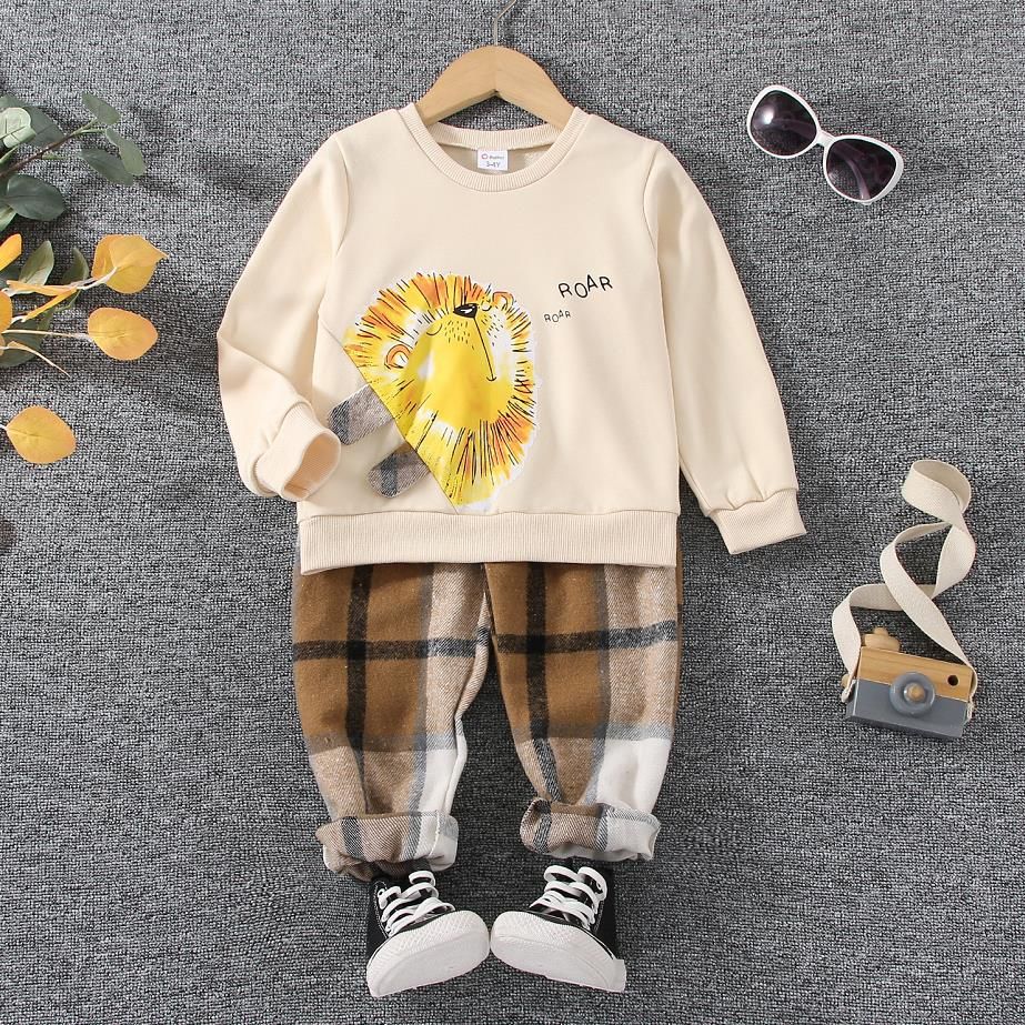 

2pcs Toddler Boy Playful Lion Print Sweatshirt and Plaid Pants Set