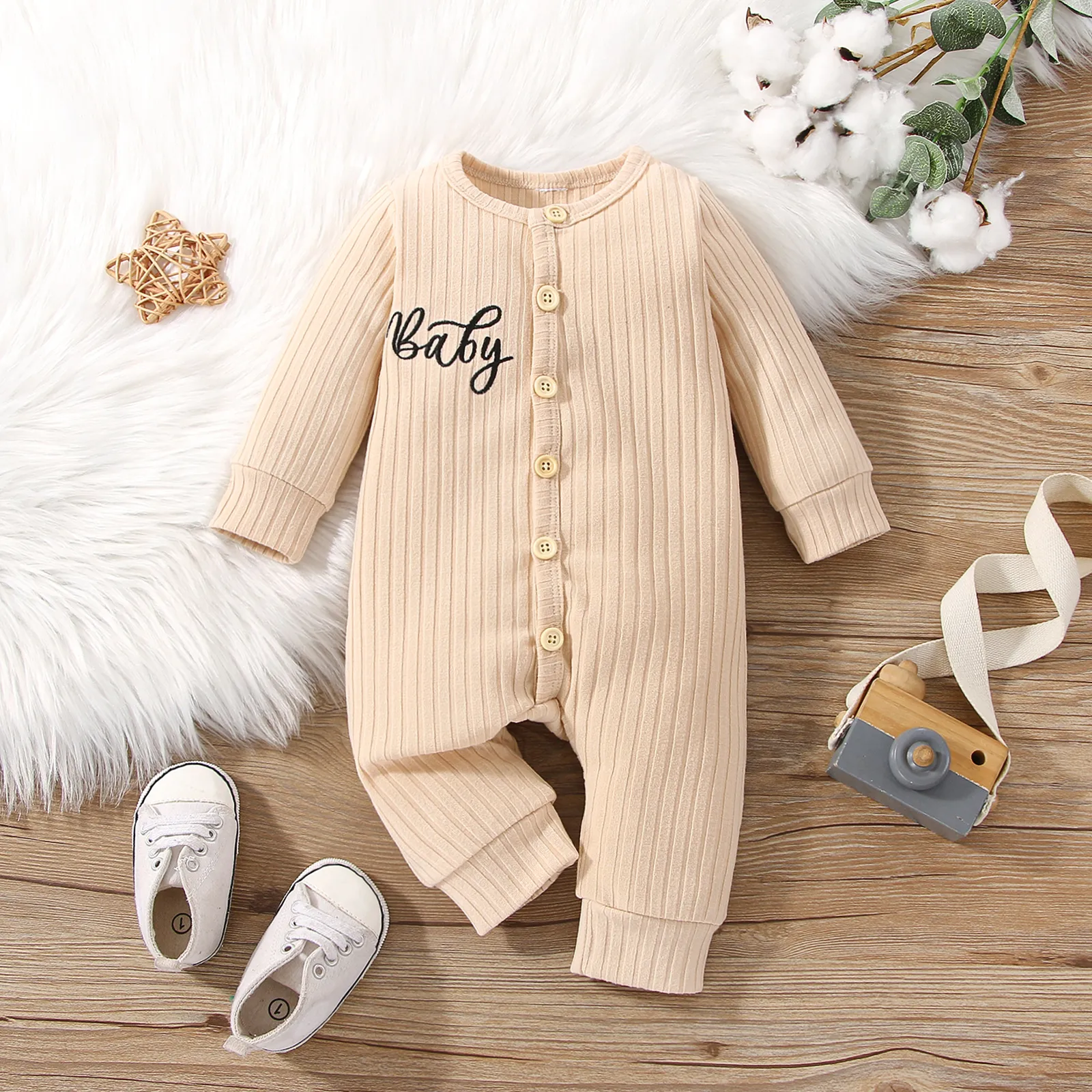 Baby Boy/Girl Letter Embroidered Long-sleeve Ribbed Jumpsuit