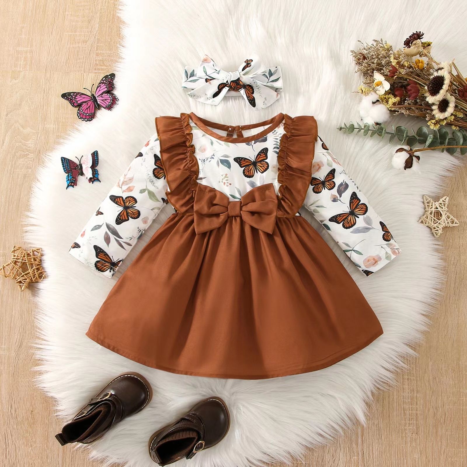 

2pcs Baby Girl Butterfly Print Long-sleeve Spliced Solid Ruffle Trim Bow Front Dress with Headband Set