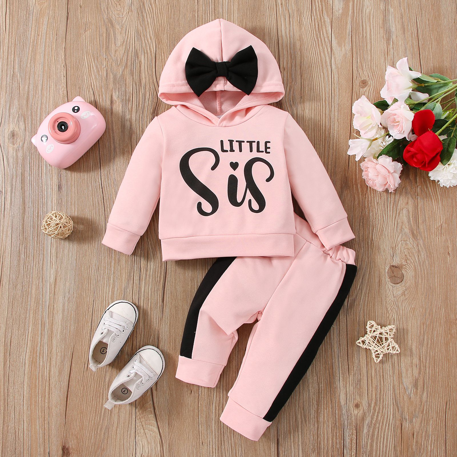 

2pcs Baby Girl Bow Front Letter Print Long-sleeve Hoodie and Colorblock Pants Set