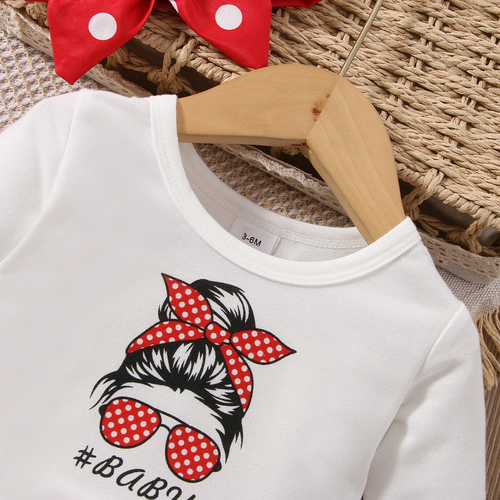 2pcs Baby Girl Polka Dot Print Figure Graphic Long-sleeve Faux-two Dress & Headband Set  image 3