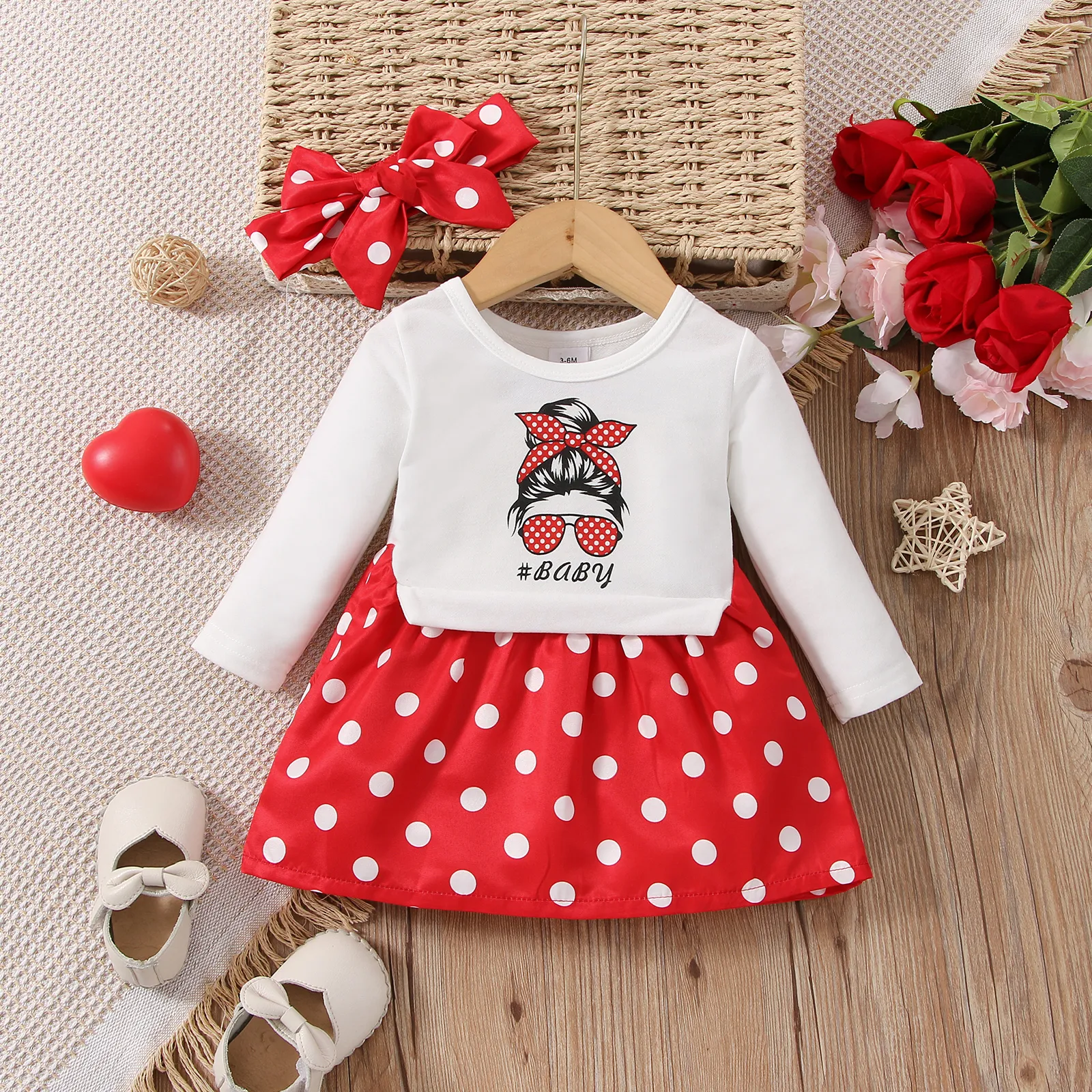 2pcs Baby Girl Polka Dot Print Figure Graphic Long-sleeve Faux-two Dress & Headband Set