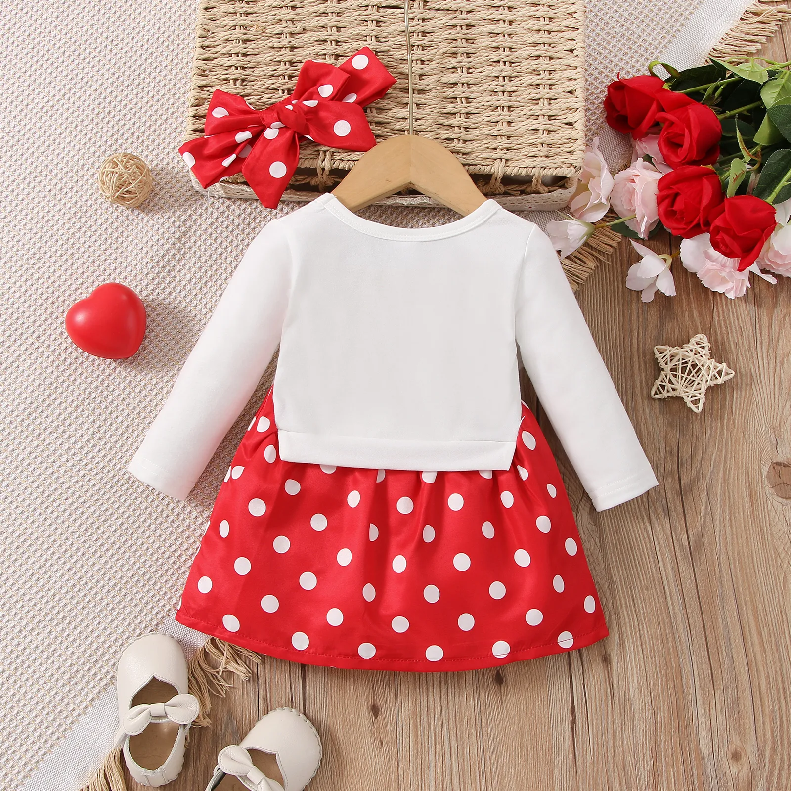 2pcs Baby Girl Polka Dot Print Figure Graphic Long-sleeve Faux-two Dress & Headband Set  image 2
