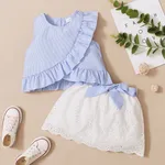 Trendy Toddler Girl Stripe Print Bowknot Ruffle Flounce Set Blue