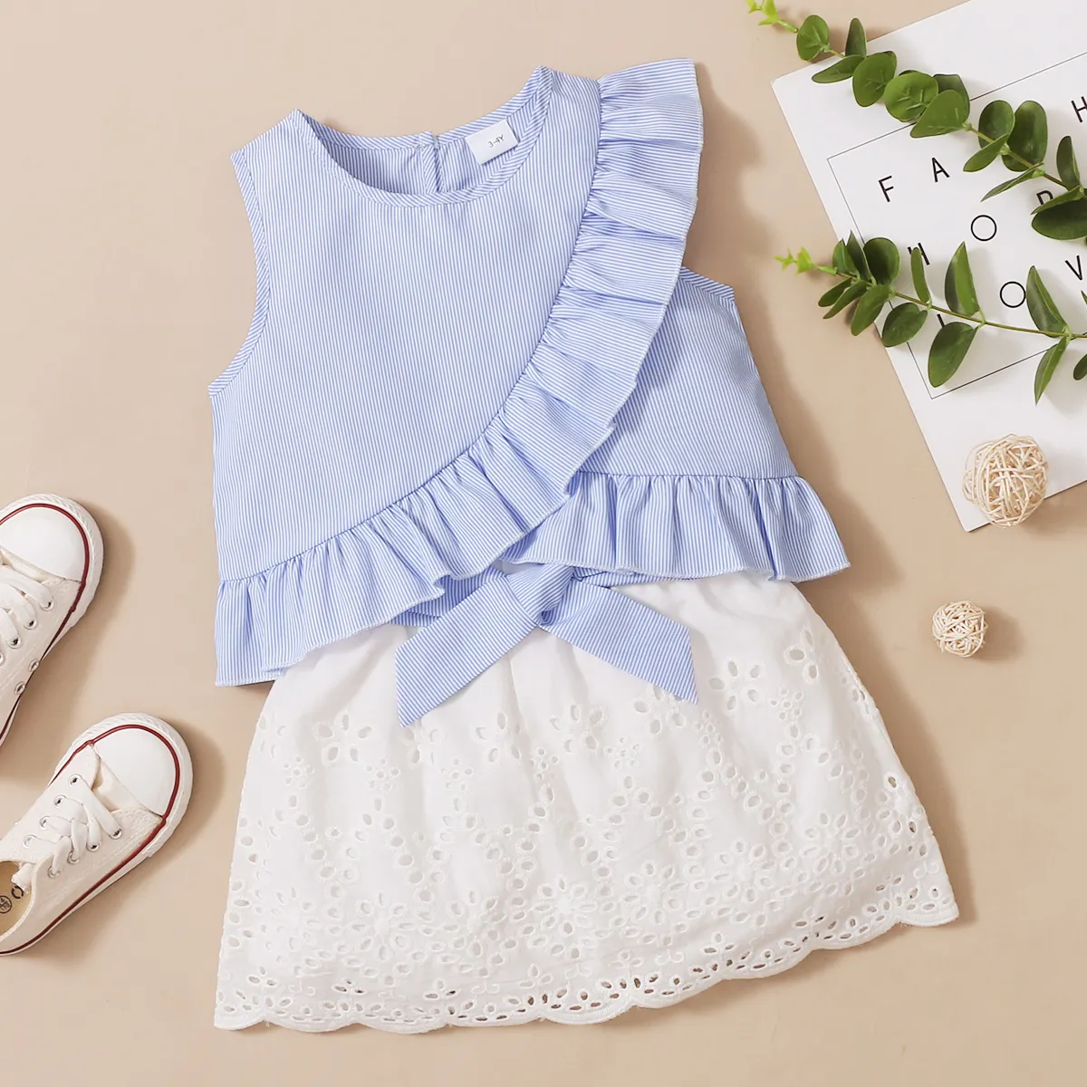 Trendy Toddler Girl Stripe Print Bowknot Ruffle Flounce Set  image 5