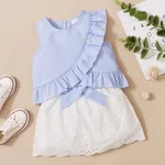 Trendy Toddler Girl Stripe Print Bowknot Ruffle Flounce Set Blue image 5