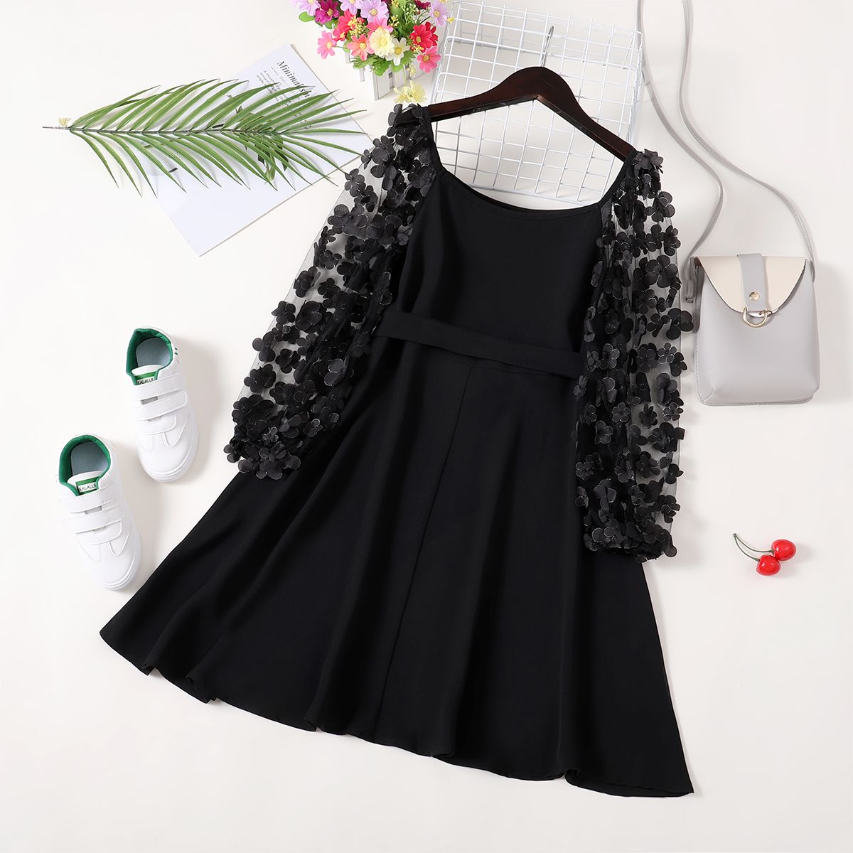 Kid Girl Flower Embroidery Square Neck Mesh Long-sleeve Dress With Bow Belt