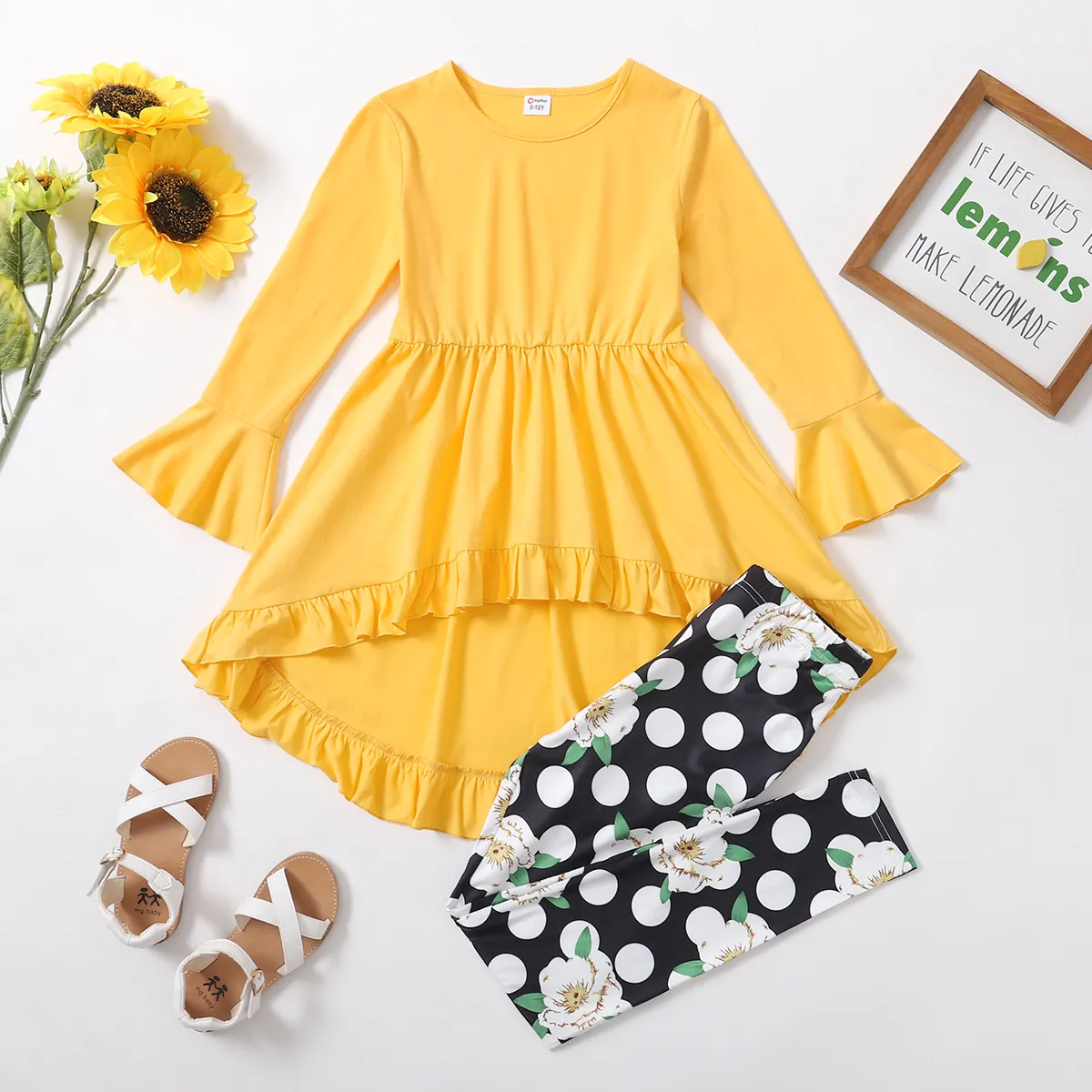2-piece Kid Girl Bell sleeves Ruffled High Low Solid Top and Floral Polka dots Print Leggings Set  big image 1